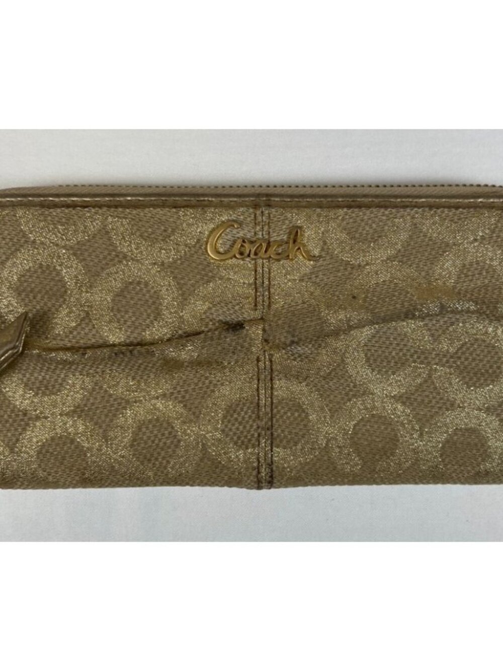 Coach Metallic Gold Lurex Signature Accordion Zip Wallet Pink Leather Y2K Glam